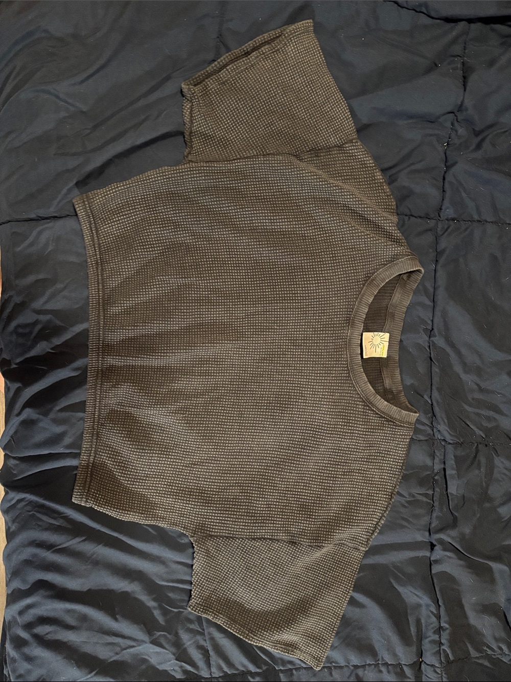 Textured Short Sleeve Waffle Top in dark wash denim blue